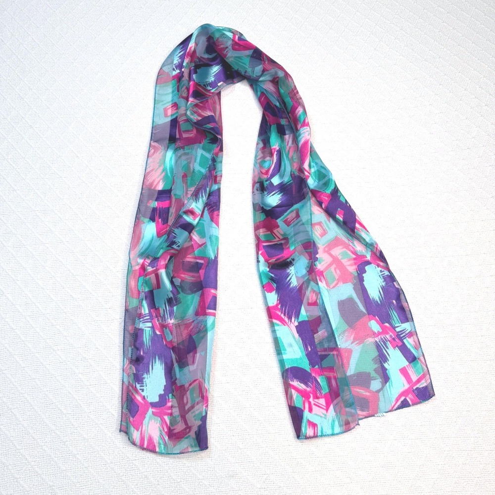 Vintage 80s 90s Abstract Geometric Print Scarf Purple Pink Teal Rectangular